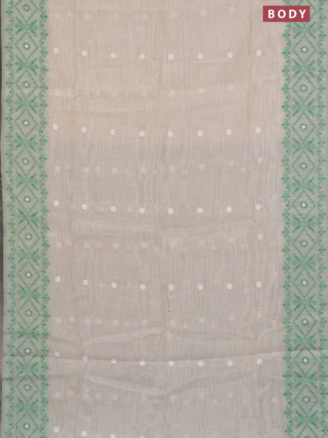 Munga cotton saree beige and green with thread & zari woven floral buttas and thread woven border