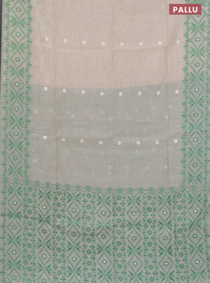 Munga cotton saree beige and green with thread & zari woven floral buttas and thread woven border