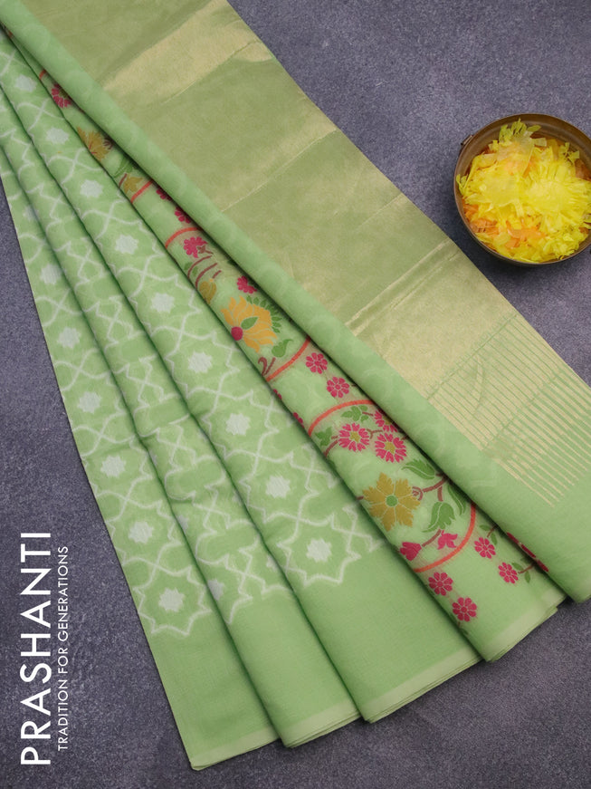 Munga cotton saree pista green with allover thread weaves and simple border