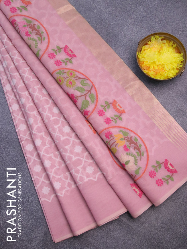 Munga cotton saree pastel pink with allover thread weaves and simple border