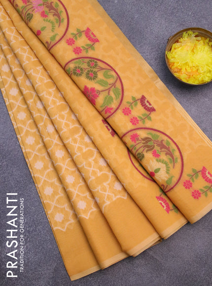 Munga cotton saree mustard yellow with allover thread weaves and simple border