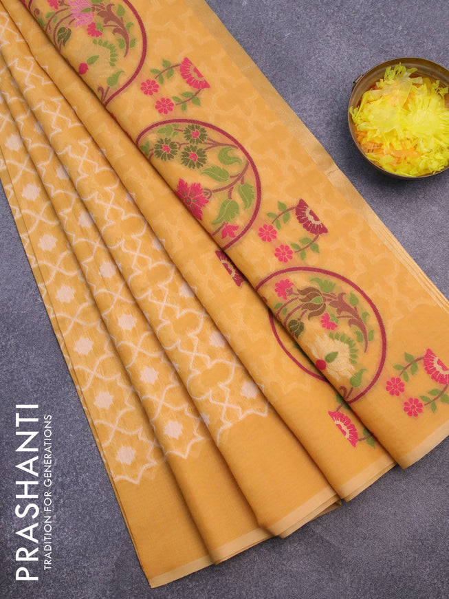 Munga cotton saree mustard yellow with allover thread weaves and simple border