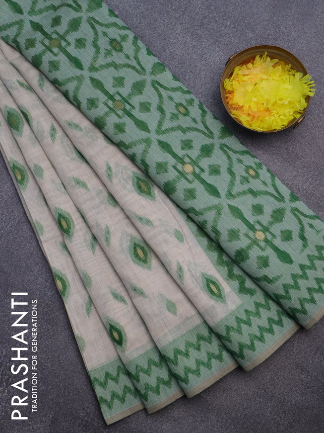 Munga cotton saree beige and green with thread & zari woven buttas and thread woven border