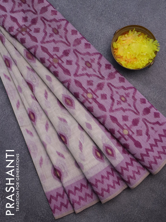 Munga cotton saree beige and purple with thread & zari woven buttas and thread woven border