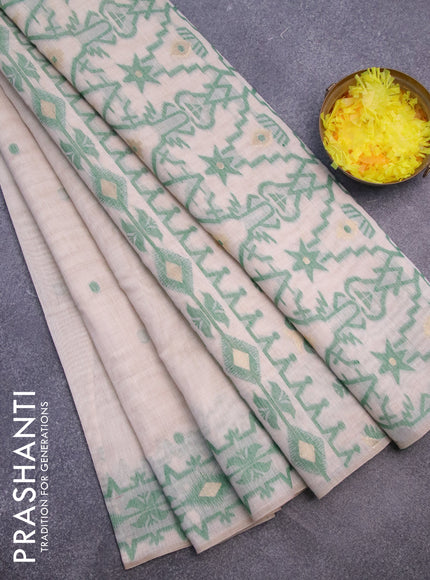 Munga cotton saree beige and green with thread & zari woven buttas and thread woven border