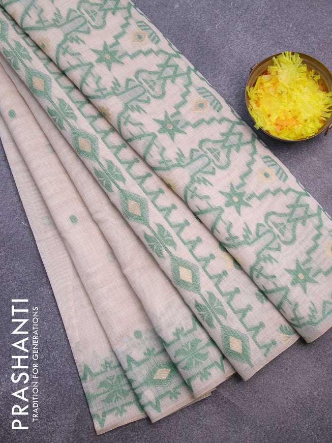 Munga cotton saree beige and green with thread & zari woven buttas and thread woven border