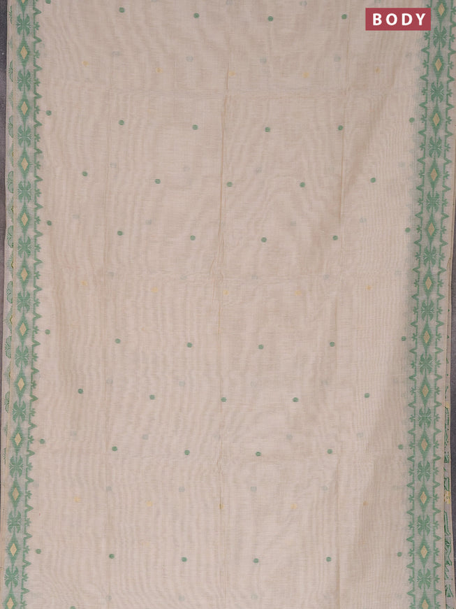 Munga cotton saree beige and green with thread & zari woven buttas and thread woven border