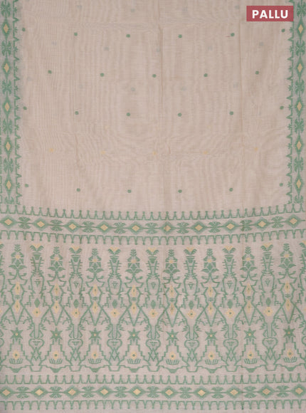 Munga cotton saree beige and green with thread & zari woven buttas and thread woven border