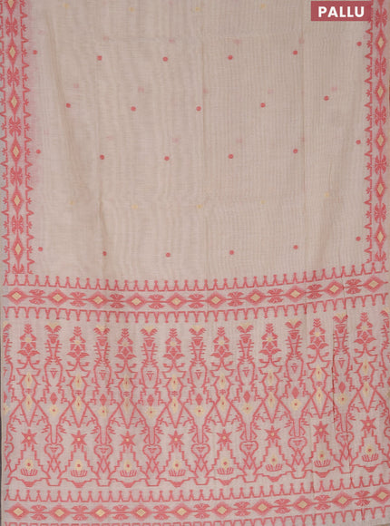 Munga cotton saree beige and red with thread & zari woven buttas and thread woven border