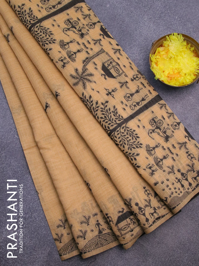 Munga cotton saree mustard shade with thread woven warli buttas and warli design thread woven border