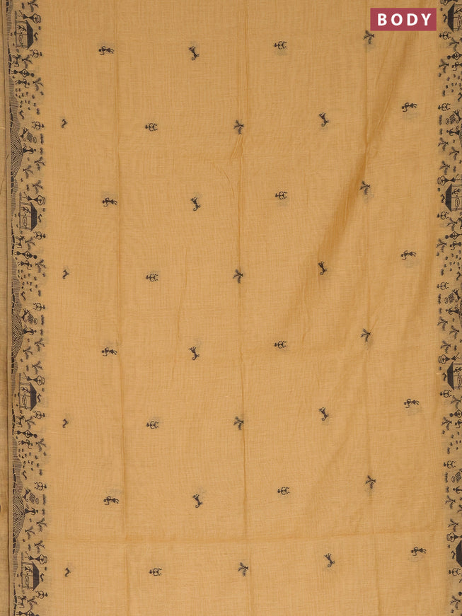 Munga cotton saree mustard shade with thread woven warli buttas and warli design thread woven border