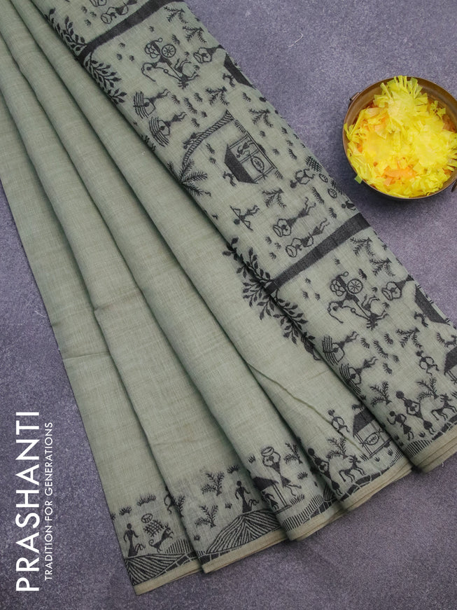 Munga cotton saree pastel green with thread woven warli buttas and warli design thread woven border