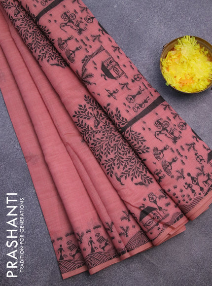 Munga cotton saree pastel peach with thread woven warli buttas and warli design thread woven border