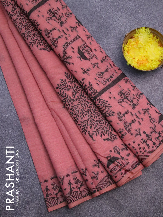 Munga cotton saree pastel peach with thread woven warli buttas and warli design thread woven border