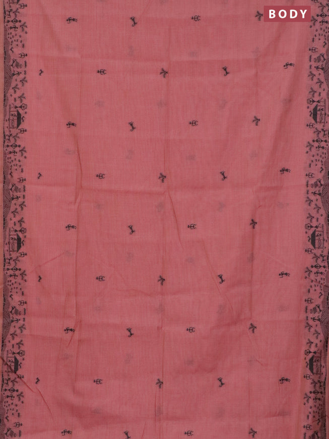 Munga cotton saree pastel peach with thread woven warli buttas and warli design thread woven border