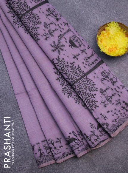 Munga cotton saree pastel purple with thread woven warli buttas and warli design thread woven border