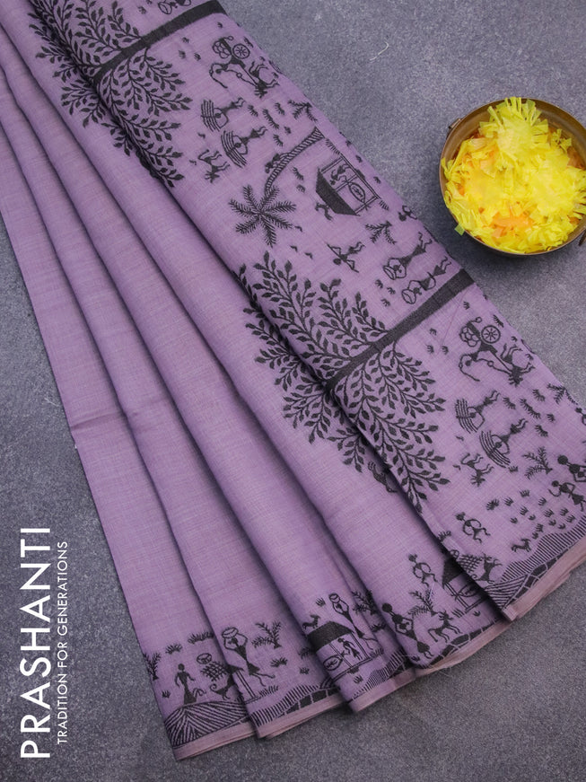 Munga cotton saree pastel purple with thread woven warli buttas and warli design thread woven border