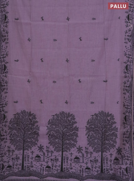 Munga cotton saree pastel purple with thread woven warli buttas and warli design thread woven border