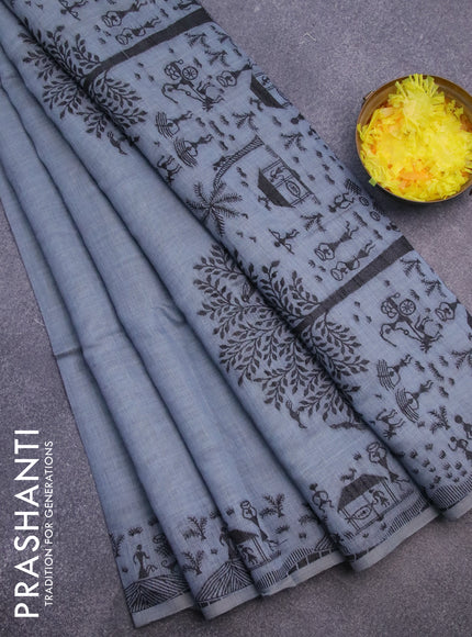 Munga cotton saree bluish grey with thread woven warli buttas and warli design thread woven border