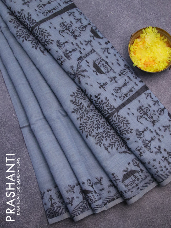 Munga cotton saree bluish grey with thread woven warli buttas and warli design thread woven border