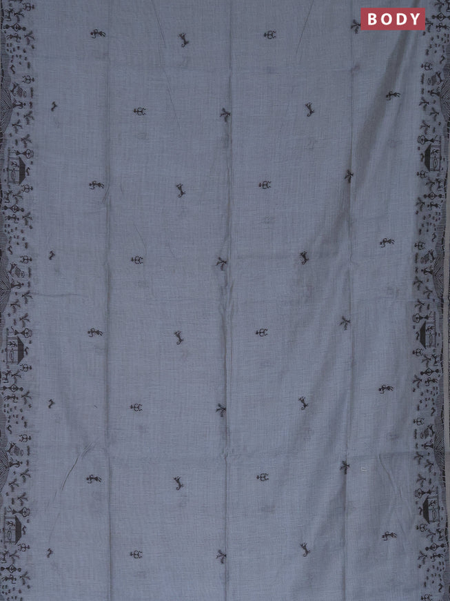 Munga cotton saree bluish grey with thread woven warli buttas and warli design thread woven border