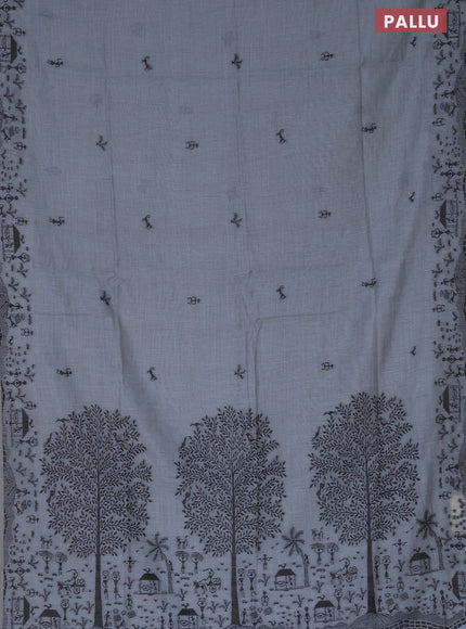 Munga cotton saree bluish grey with thread woven warli buttas and warli design thread woven border