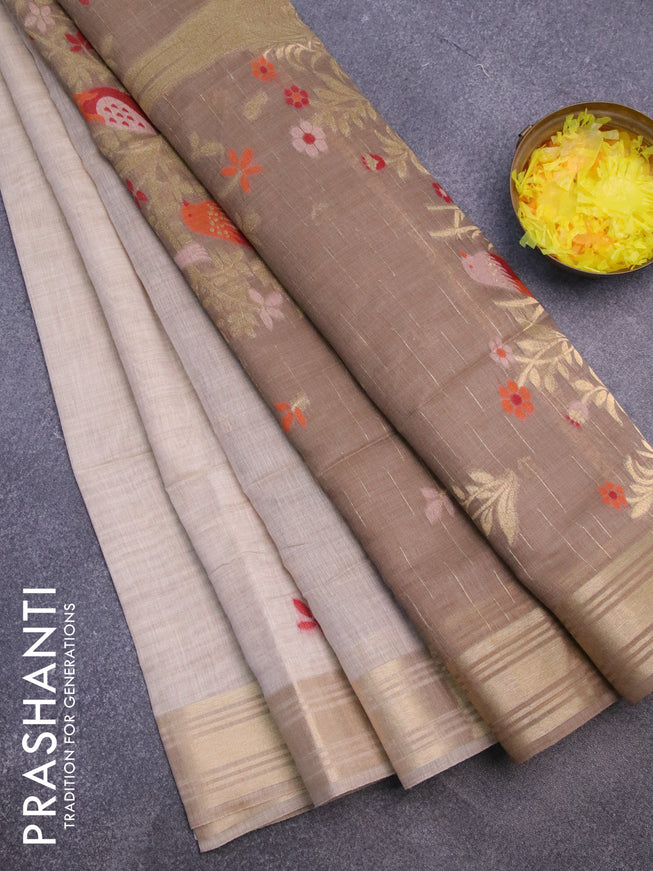 Munga cotton saree beige and grey shade with thread & zari woven buttas and zari woven border