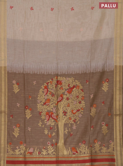 Munga cotton saree beige and grey shade with thread & zari woven buttas and zari woven border