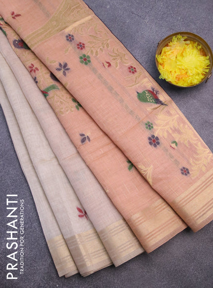 Munga cotton saree beige and pastel peach orange with thread & zari woven buttas and zari woven border