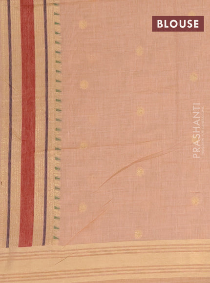 Munga cotton saree beige and pastel peach orange with thread & zari woven buttas and zari woven border