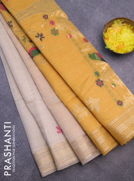 Munga cotton saree beige and yellow with thread & zari woven buttas and zari woven border