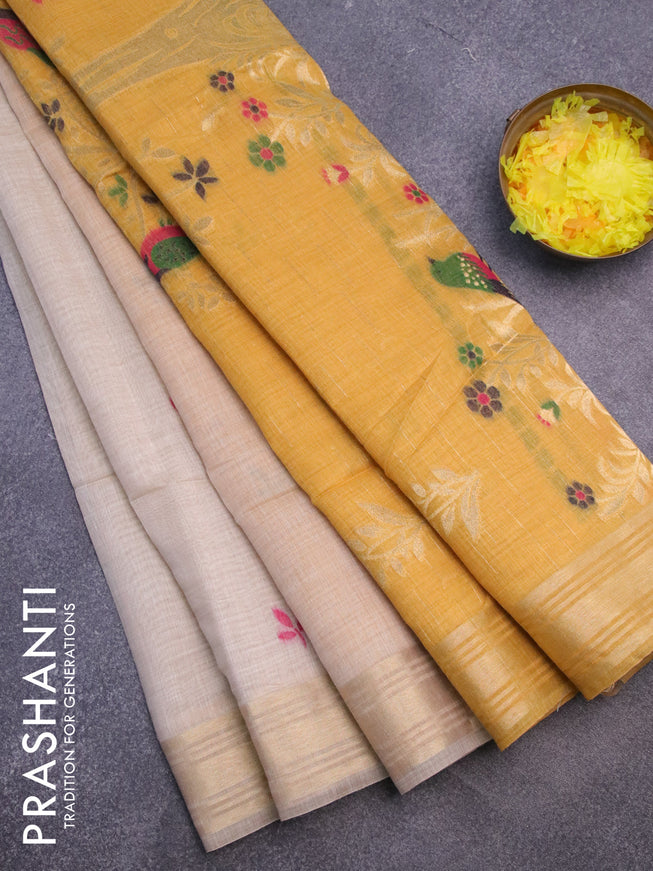 Munga cotton saree beige and yellow with thread & zari woven buttas and zari woven border