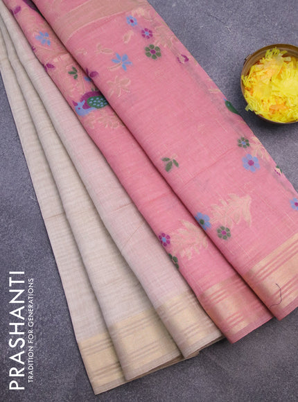 Munga cotton saree beige and pastel pink with thread & zari woven buttas and zari woven border