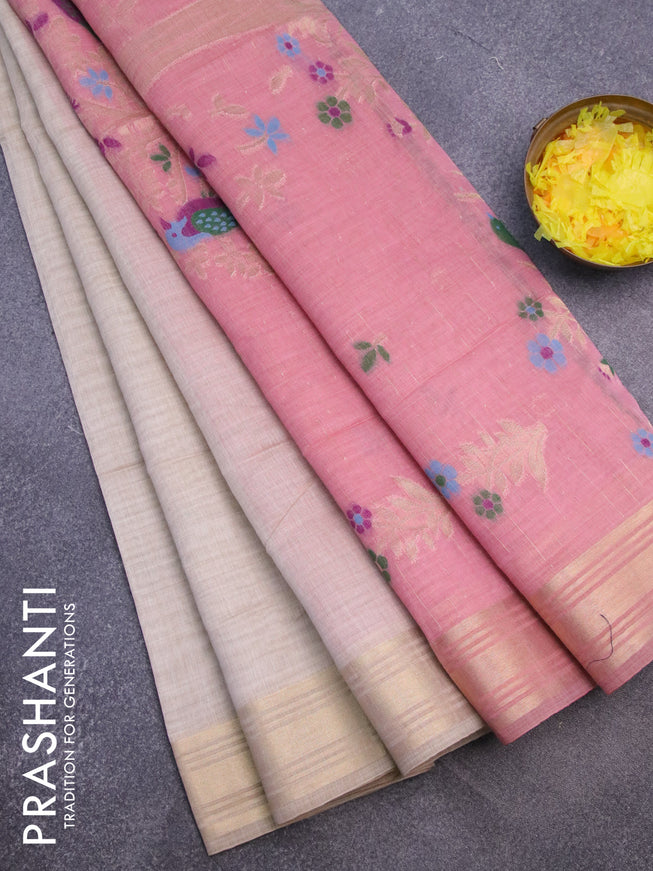 Munga cotton saree beige and pastel pink with thread & zari woven buttas and zari woven border