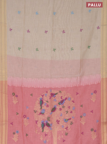 Munga cotton saree beige and pastel pink with thread & zari woven buttas and zari woven border