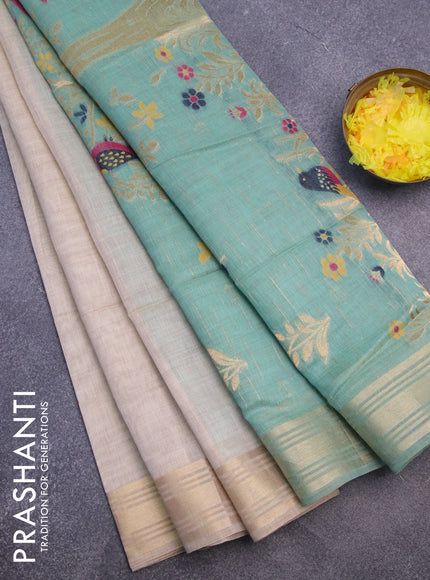 Munga cotton saree beige and teal green with thread & zari woven buttas and zari woven border