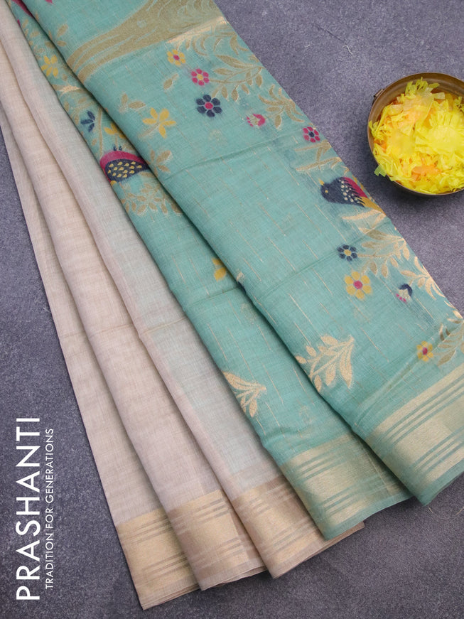 Munga cotton saree beige and teal green with thread & zari woven buttas and zari woven border