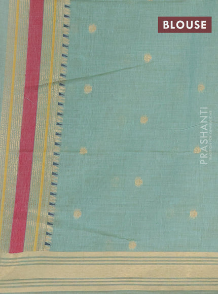 Munga cotton saree beige and teal green with thread & zari woven buttas and zari woven border