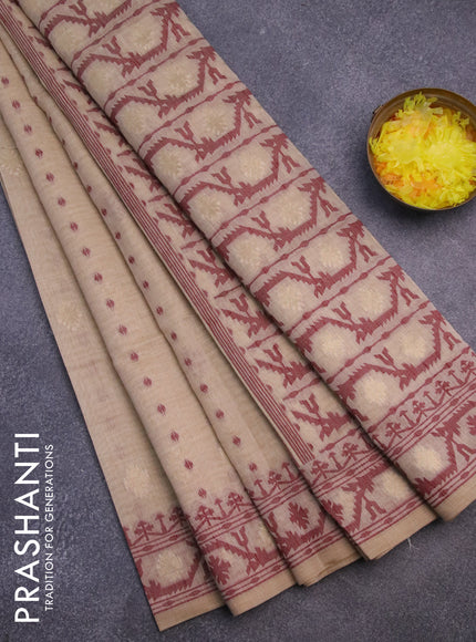 Munga cotton saree beige and maroon with allover thread & zari woven buttas and thread woven border