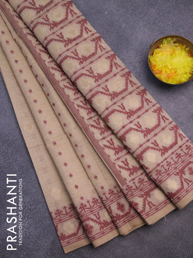 Munga cotton saree beige and maroon with allover thread & zari woven buttas and thread woven border