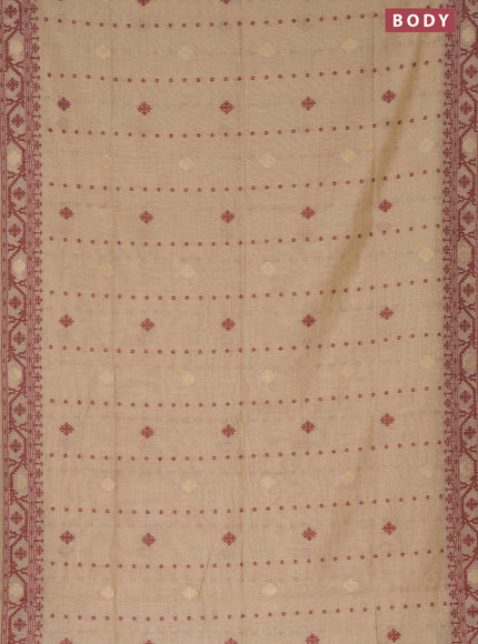 Munga cotton saree beige and maroon with allover thread & zari woven buttas and thread woven border