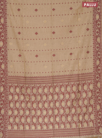 Munga cotton saree beige and maroon with allover thread & zari woven buttas and thread woven border