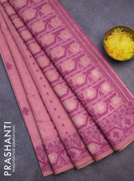 Munga cotton saree peach pink and purple with allover thread & zari woven buttas and thread woven border