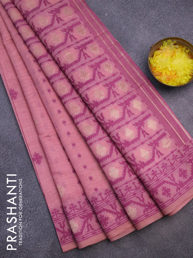 Munga cotton saree peach pink and purple with allover thread & zari woven buttas and thread woven border