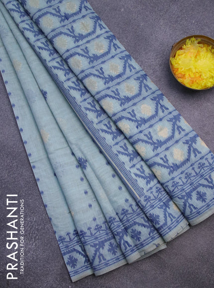 Munga cotton saree pastel green shade and blue with allover thread & zari woven buttas and thread woven border