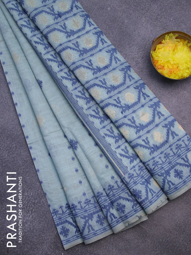 Munga cotton saree pastel green shade and blue with allover thread & zari woven buttas and thread woven border