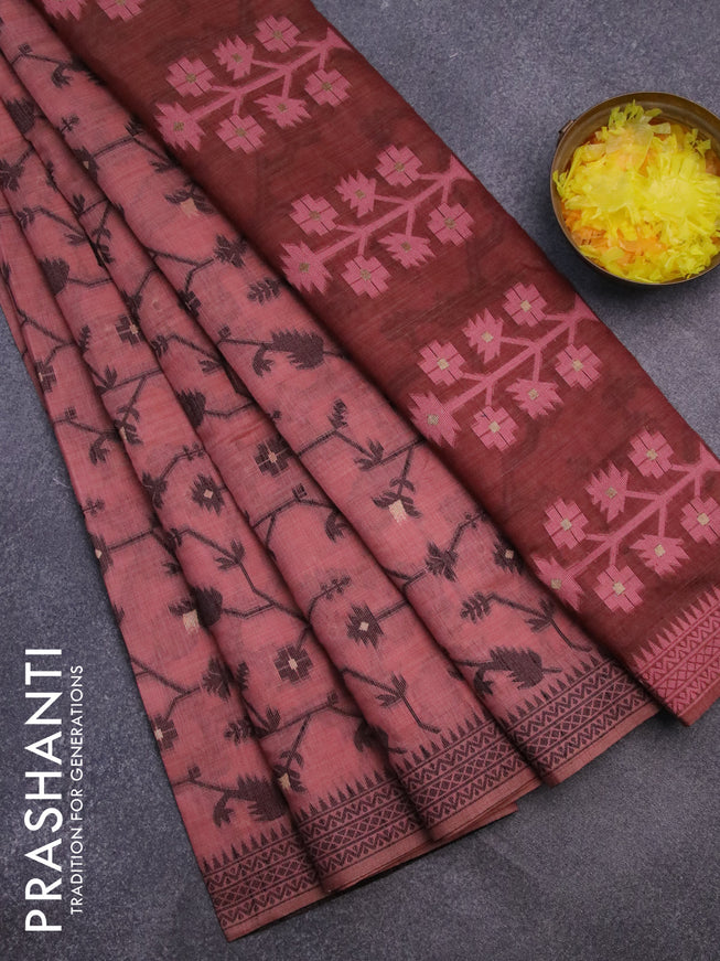 Munga cotton saree pastel peach shade and brown with allover thread weaves and thread woven border