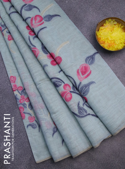 Munga cotton saree pastel green shade with thread & zari woven buttas in borderless style