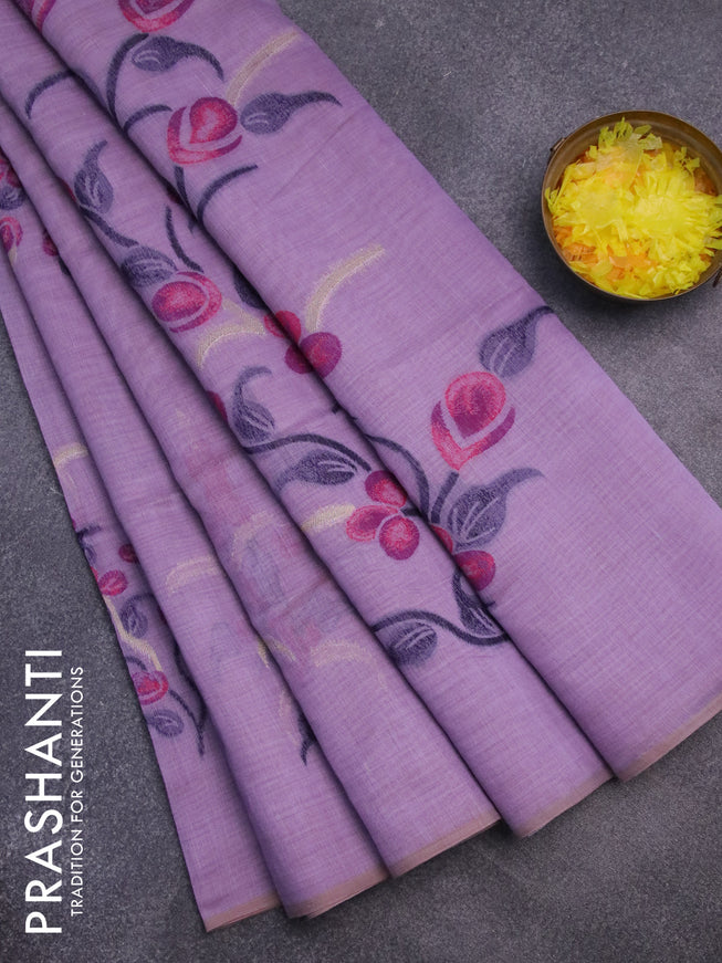 Munga cotton saree lavender shade with thread & zari woven buttas in borderless style