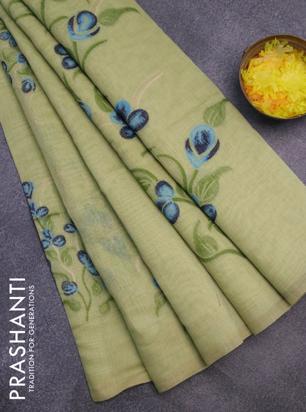 Munga cotton saree pista green with thread & zari woven buttas in borderless style